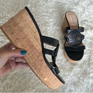 Antonio Melani Quinnlynn Leather Black Cork Platform Wedge Heel Sandals Sz 9